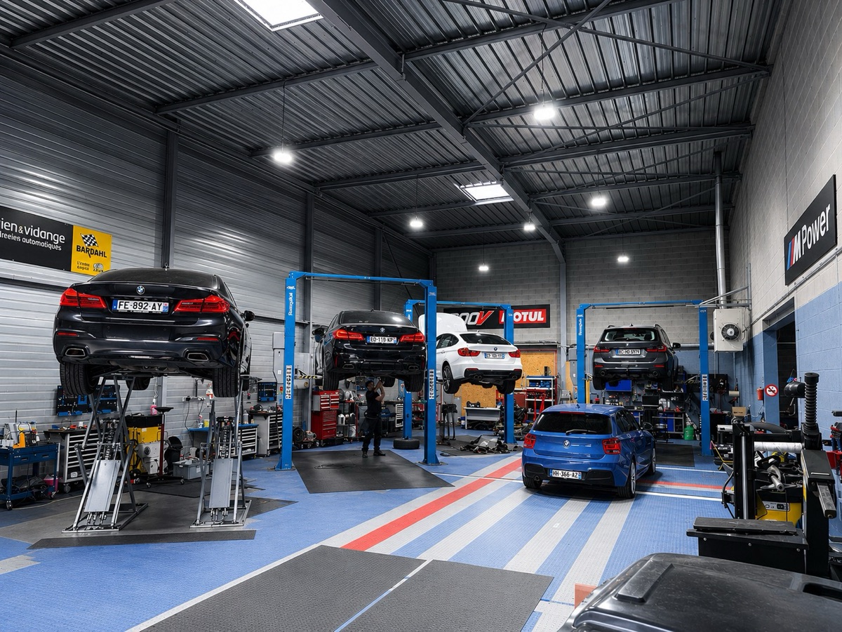 Atelier mécanique Bimmer Service avec ponts élévateurs et BMW en intervention