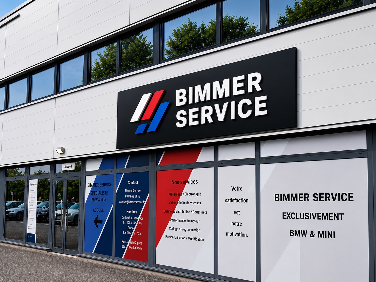 Façade du garage Bimmer Service avec son enseigne