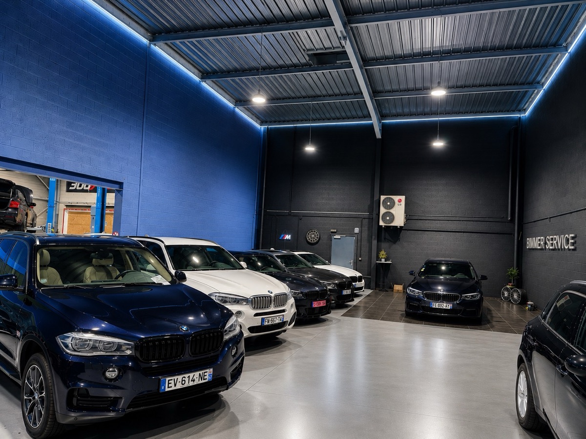Hall showroom Bimmer Service avec BMW alignées