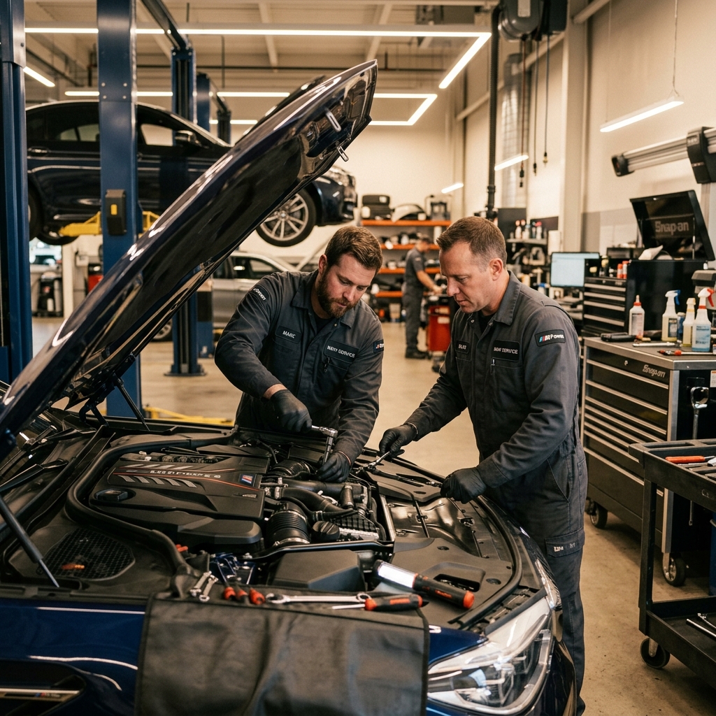 Deux mécaniciens collaborant sur un moteur BMW